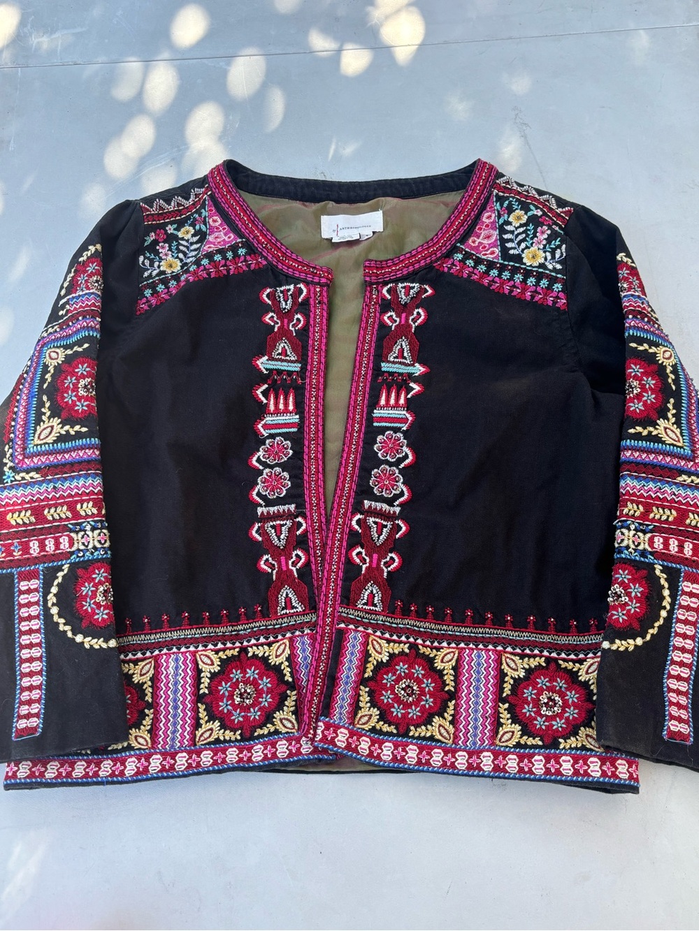 Anthropologie Black Embroidered Boho Blazer with Pink & Multicolor Accents